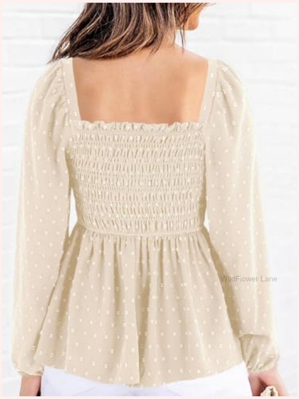 Smocked Peplum Top with Balloon Long Sleeve Swiss Dot - Picture 2 of 4